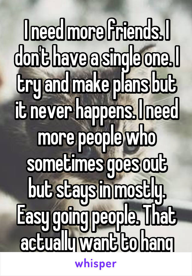 I need more friends. I don't have a single one. I try and make plans but it never happens. I need more people who sometimes goes out but stays in mostly. Easy going people. That actually want to hang