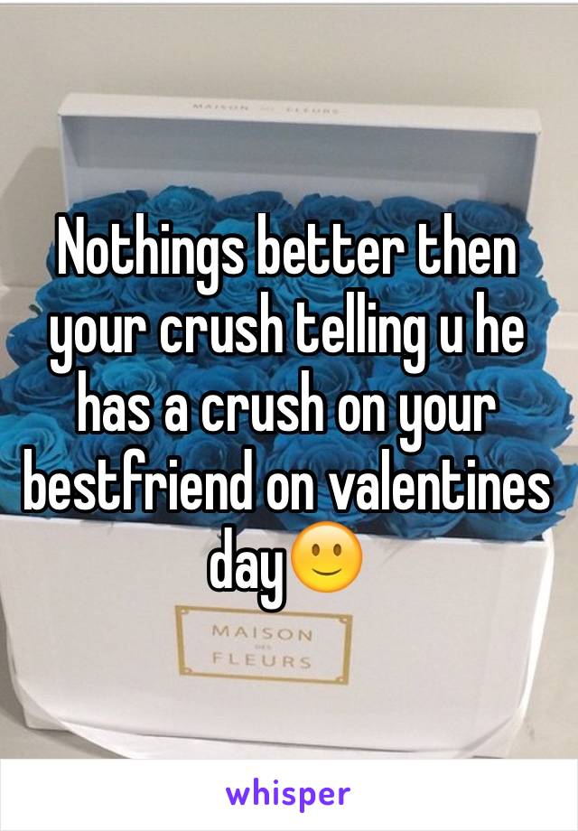 Nothings better then your crush telling u he has a crush on your bestfriend on valentines day🙂