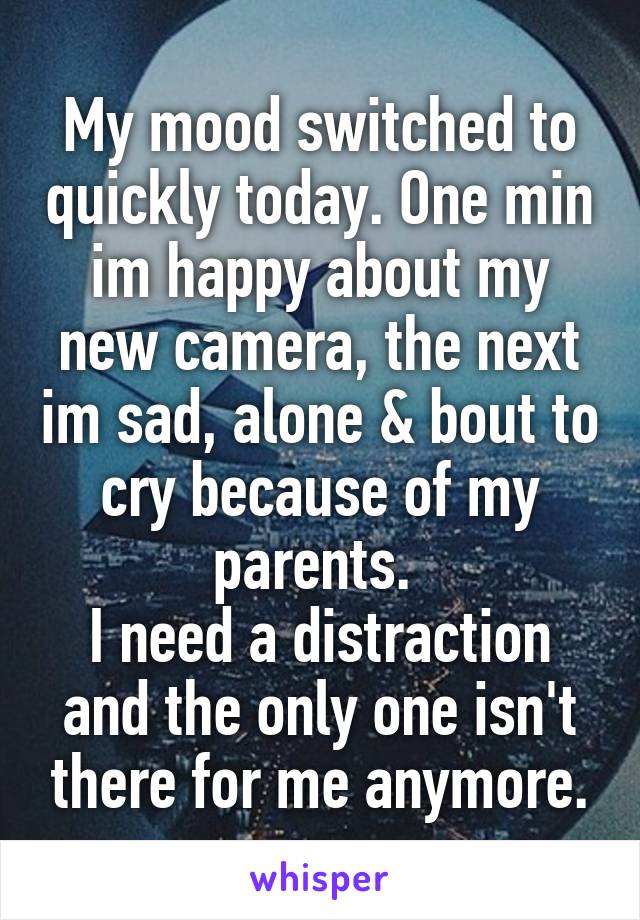 My mood switched to quickly today. One min im happy about my new camera, the next im sad, alone & bout to cry because of my parents. 
I need a distraction and the only one isn't there for me anymore.