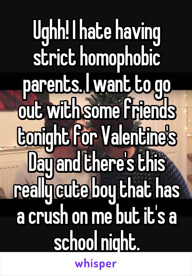 Ughh! I hate having strict homophobic parents. I want to go out with some friends tonight for Valentine's Day and there's this really cute boy that has a crush on me but it's a school night.