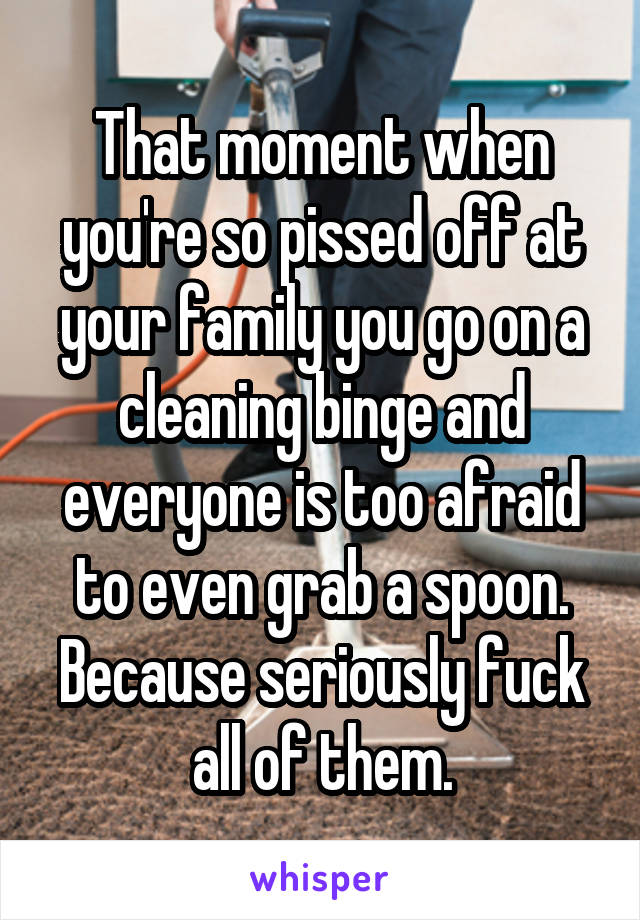 That moment when you're so pissed off at your family you go on a cleaning binge and everyone is too afraid to even grab a spoon. Because seriously fuck all of them.