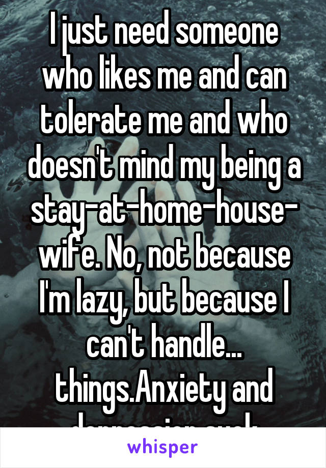 I just need someone who likes me and can tolerate me and who doesn't mind my being a stay-at-home-house-wife. No, not because I'm lazy, but because I can't handle... things.Anxiety and depression suck