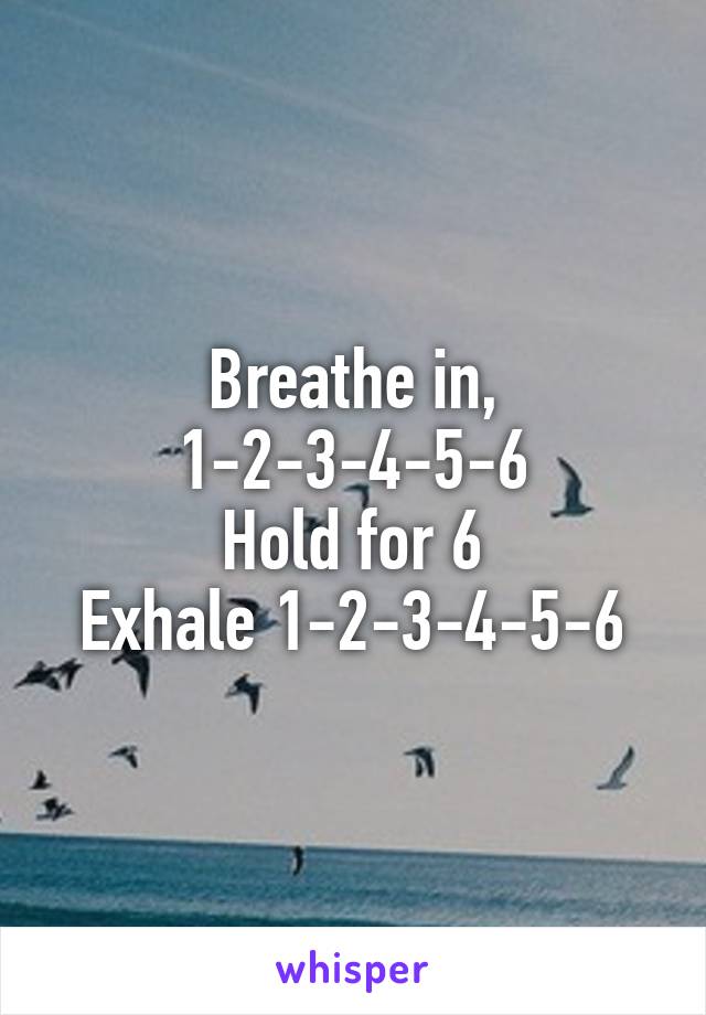 Breathe in, 1-2-3-4-5-6
Hold for 6
Exhale 1-2-3-4-5-6