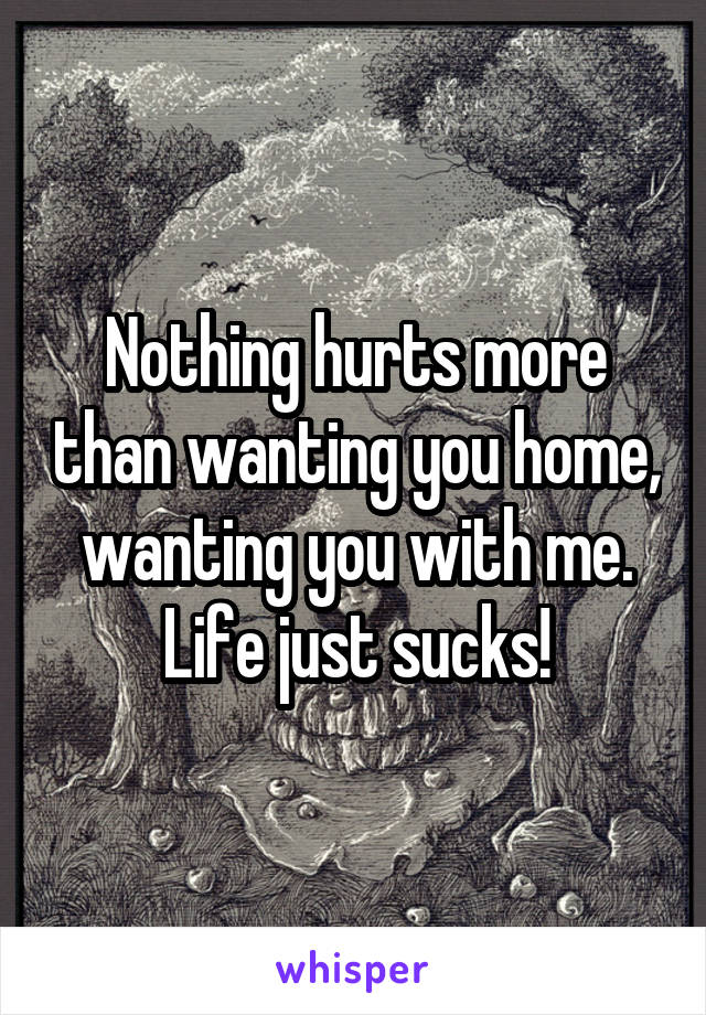 Nothing hurts more than wanting you home, wanting you with me. Life just sucks!