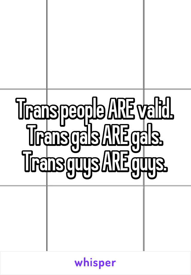 Trans people ARE valid. 
Trans gals ARE gals. 
Trans guys ARE guys. 