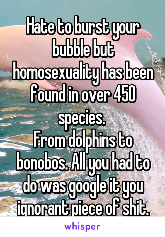 Hate to burst your bubble but homosexuality has been found in over 450 species. 
From dolphins to bonobos. All you had to do was google it you ignorant piece of shit.