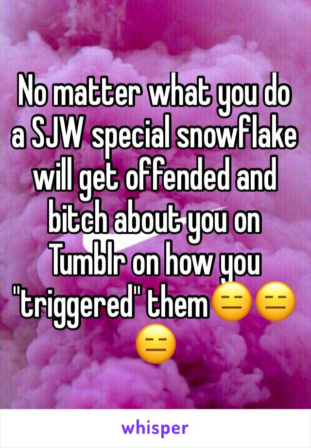 No matter what you do a SJW special snowflake will get offended and bitch about you on Tumblr on how you "triggered" them😑😑😑