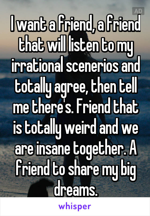 I want a friend, a friend that will listen to my irrational scenerios and totally agree, then tell me there's. Friend that is totally weird and we are insane together. A friend to share my big dreams.