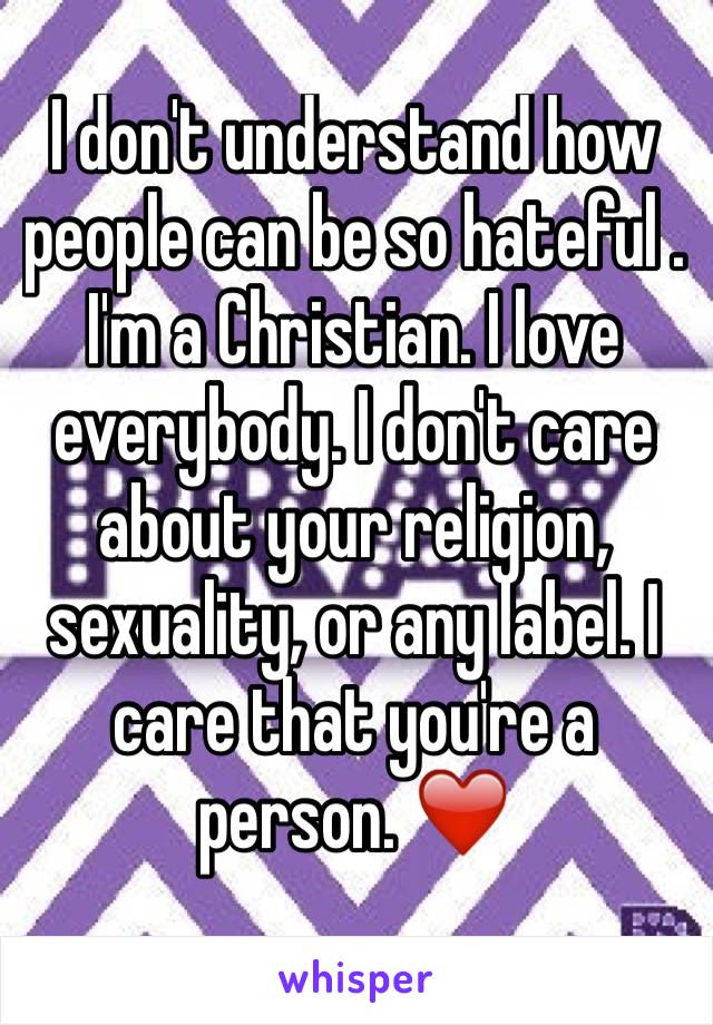 I don't understand how people can be so hateful . I'm a Christian. I love everybody. I don't care about your religion, sexuality, or any label. I care that you're a person. ❤️