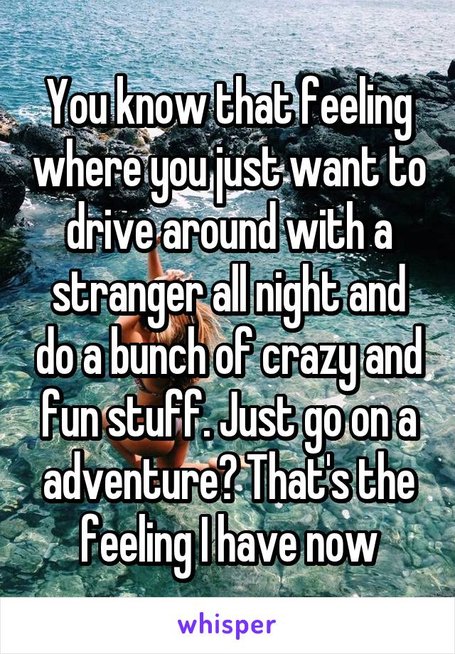 You know that feeling where you just want to drive around with a stranger all night and do a bunch of crazy and fun stuff. Just go on a adventure? That's the feeling I have now