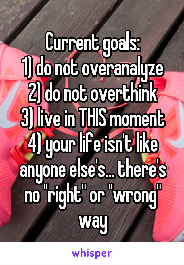 Current goals:
1) do not overanalyze
2) do not overthink
3) live in THIS moment
4) your life isn't like anyone else's... there's no "right" or "wrong" way