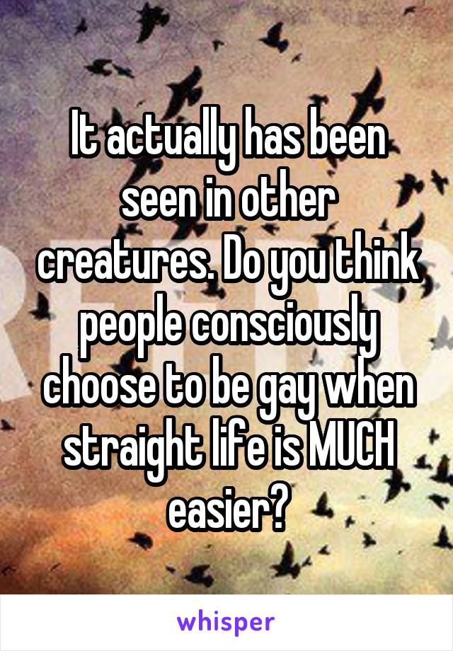 It actually has been seen in other creatures. Do you think people consciously choose to be gay when straight life is MUCH easier?