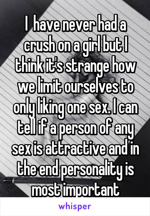 I  have never had a crush on a girl but I think it's strange how we limit ourselves to only liking one sex. I can tell if a person of any sex is attractive and in the end personality is most important