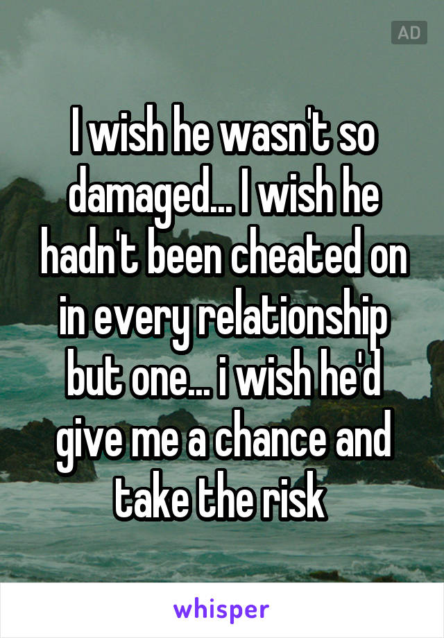 I wish he wasn't so damaged... I wish he hadn't been cheated on in every relationship but one... i wish he'd give me a chance and take the risk 