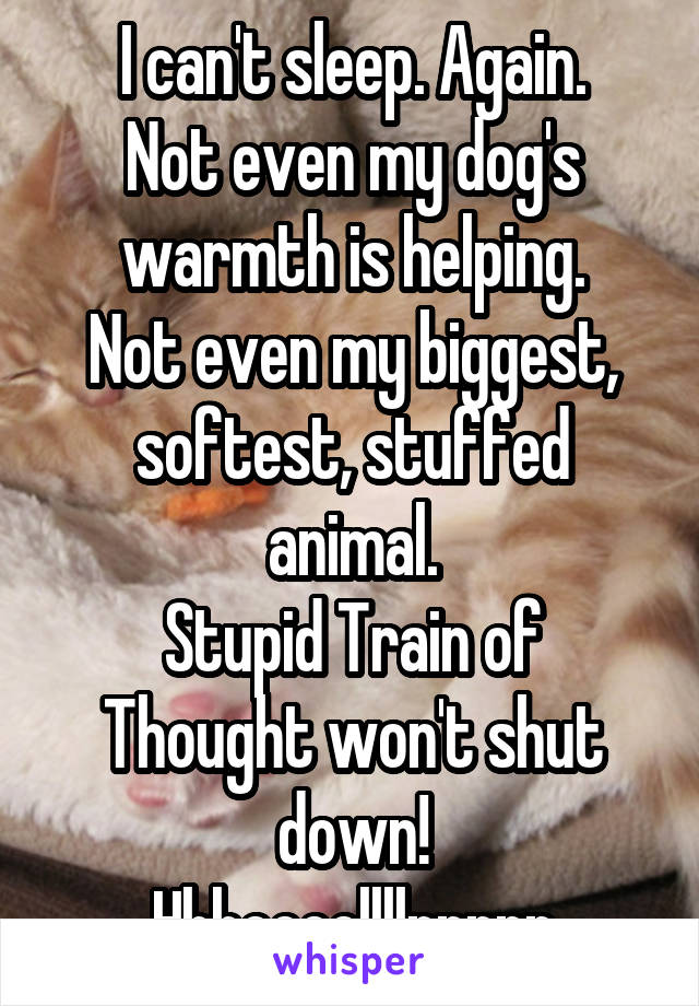 I can't sleep. Again.
Not even my dog's warmth is helping.
Not even my biggest, softest, stuffed animal.
Stupid Train of Thought won't shut down!
Hhheeeellllppppp