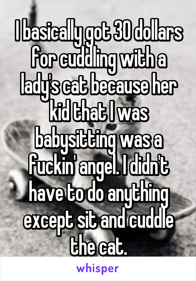 I basically got 30 dollars for cuddling with a lady's cat because her kid that I was babysitting was a fuckin' angel. I didn't have to do anything except sit and cuddle the cat.