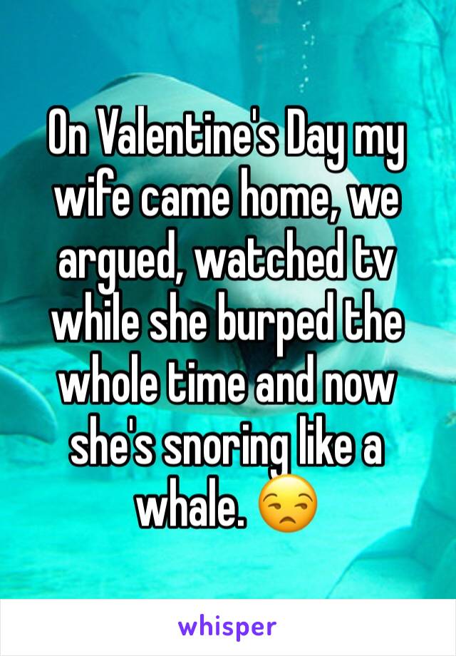 On Valentine's Day my wife came home, we argued, watched tv while she burped the whole time and now she's snoring like a whale. 😒