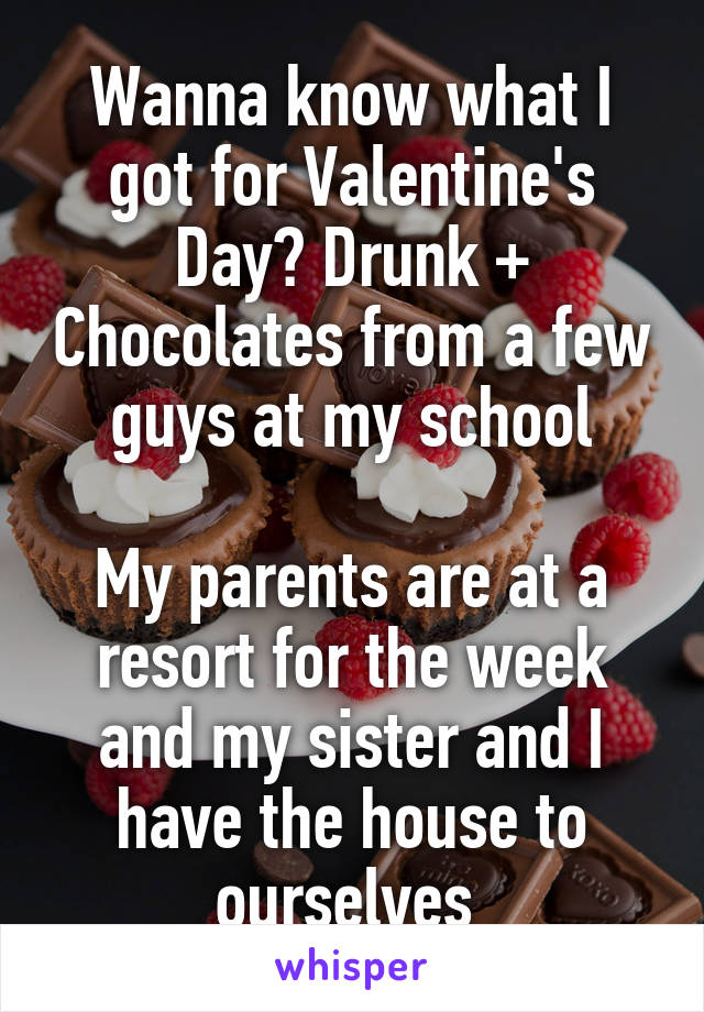 Wanna know what I got for Valentine's Day? Drunk + Chocolates from a few guys at my school

My parents are at a resort for the week and my sister and I have the house to ourselves 