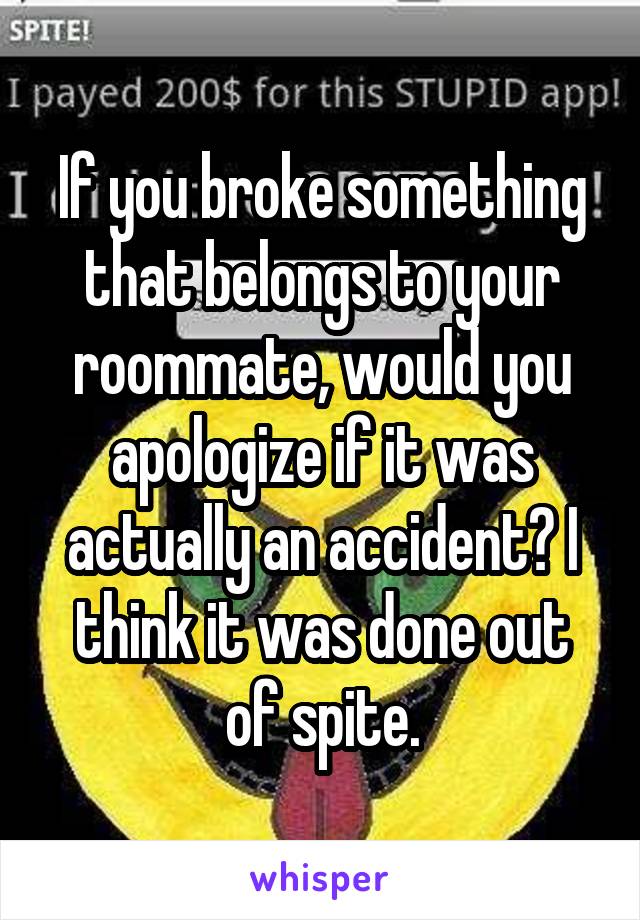 If you broke something that belongs to your roommate, would you apologize if it was actually an accident? I think it was done out of spite.