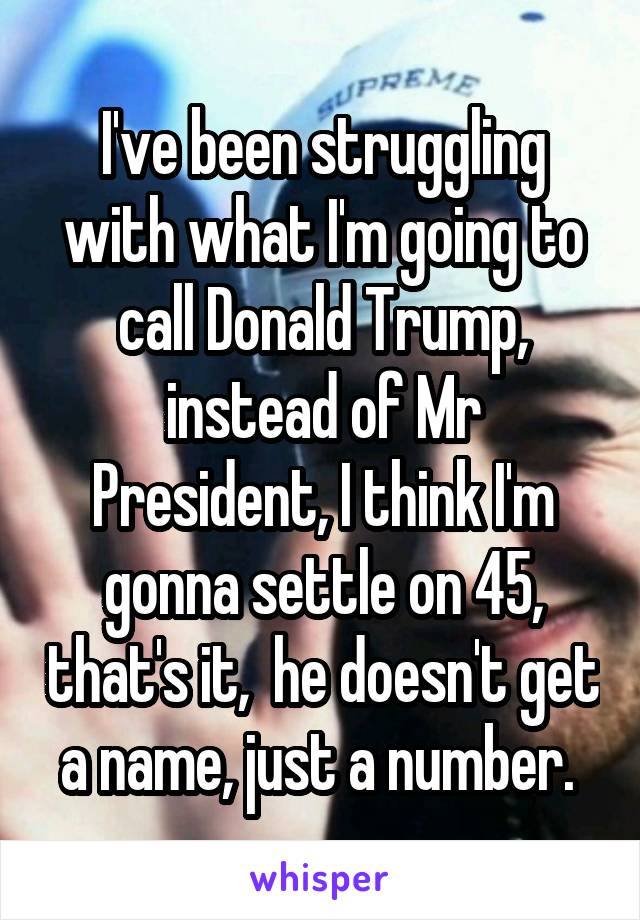 I've been struggling with what I'm going to call Donald Trump, instead of Mr President, I think I'm gonna settle on 45, that's it,  he doesn't get a name, just a number. 