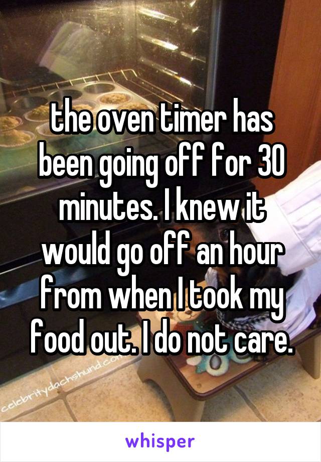 the oven timer has been going off for 30 minutes. I knew it would go off an hour from when I took my food out. I do not care.