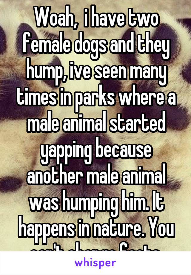 Woah,  i have two female dogs and they hump, ive seen many times in parks where a male animal started yapping because another male animal was humping him. It happens in nature. You can't change facts.