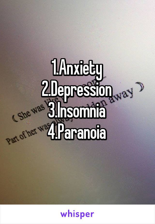 1.Anxiety 
2.Depression 
3.Insomnia 
4.Paranoia 
