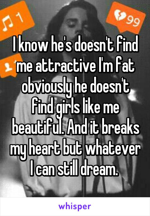 I know he's doesn't find me attractive I'm fat obviously he doesn't find girls like me beautiful. And it breaks my heart but whatever I can still dream. 