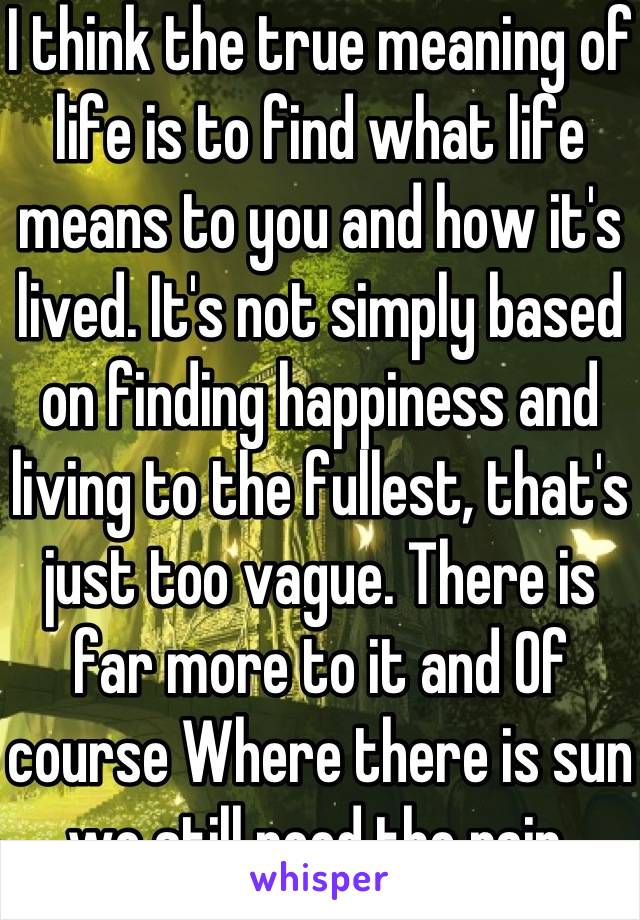 I think the true meaning of life is to find what life means to you and how it's lived. It's not simply based on finding happiness and living to the fullest, that's just too vague. There is far more to it and Of course Where there is sun we still need the rain.