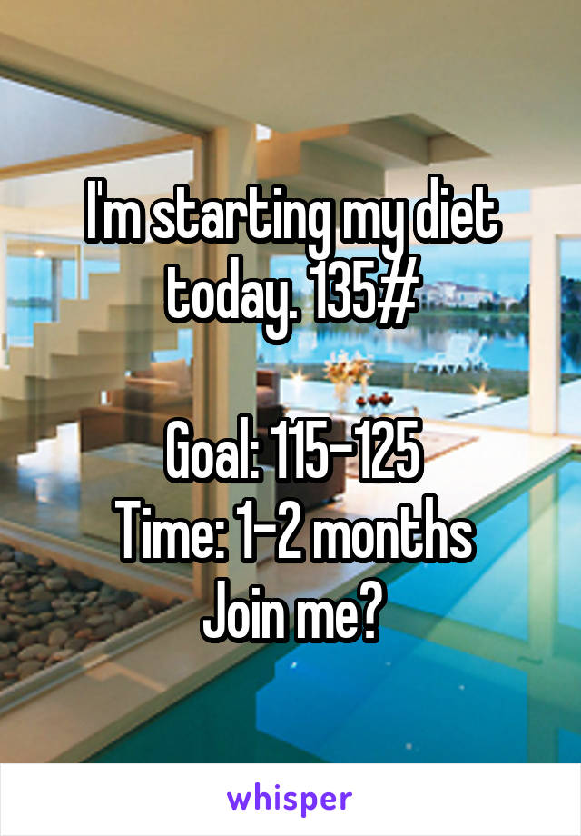 I'm starting my diet today. 135#

Goal: 115-125
Time: 1-2 months
Join me?