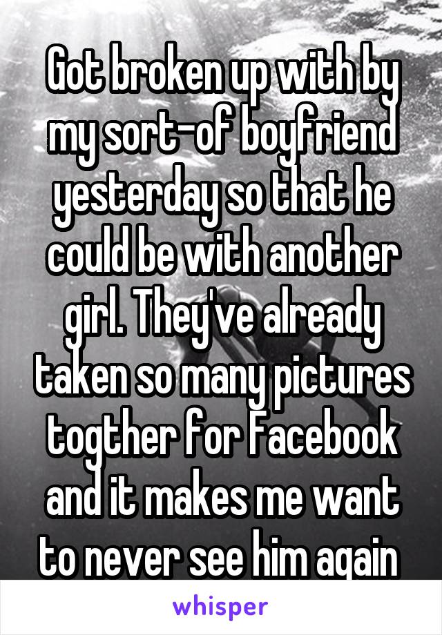 Got broken up with by my sort-of boyfriend yesterday so that he could be with another girl. They've already taken so many pictures togther for Facebook and it makes me want to never see him again 