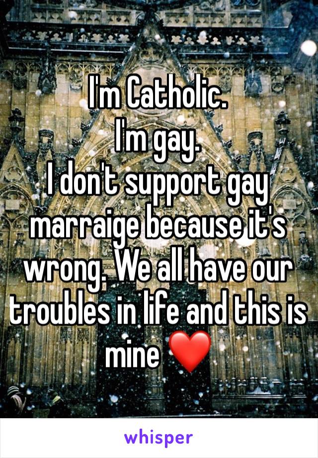 I'm Catholic.
I'm gay.
I don't support gay marraige because it's wrong. We all have our troubles in life and this is mine ❤️