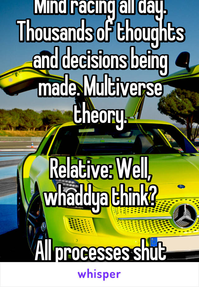 Mind racing all day. Thousands of thoughts and decisions being made. Multiverse theory.

Relative: Well, whaddya think?

All processes shut down