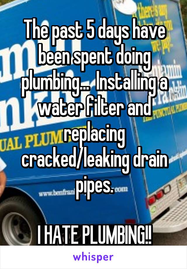 The past 5 days have been spent doing plumbing...  Installing a water filter and replacing cracked/leaking drain pipes.

I HATE PLUMBING!!