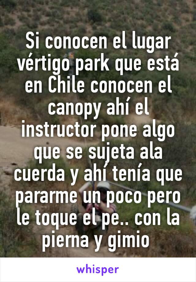 Si conocen el lugar vértigo park que está en Chile conocen el canopy ahí el instructor pone algo que se sujeta ala cuerda y ahí tenía que pararme un poco pero le toque el pe.. con la pierna y gimio 