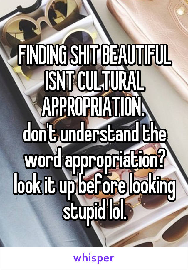 FINDING SHIT BEAUTIFUL ISNT CULTURAL APPROPRIATION. 
don't understand the word appropriation? look it up before looking stupid lol.