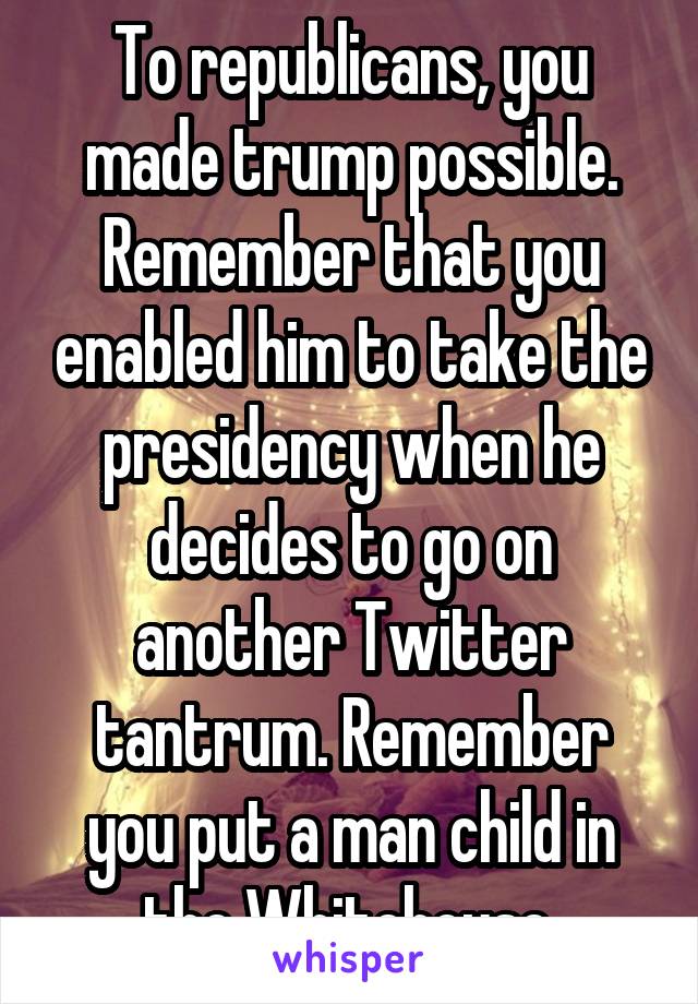 To republicans, you made trump possible. Remember that you enabled him to take the presidency when he decides to go on another Twitter tantrum. Remember you put a man child in the Whitehouse.