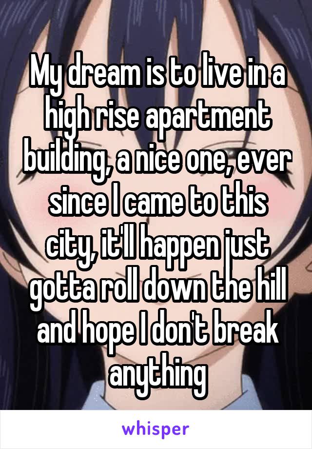 My dream is to live in a high rise apartment building, a nice one, ever since I came to this city, it'll happen just gotta roll down the hill and hope I don't break anything