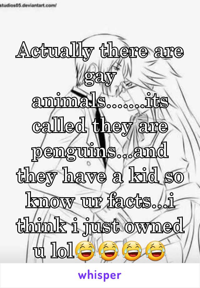 Actually there are gay animals.......its called they are penguins...and they have a kid so know ur facts...i think i just owned u lol😂😂😂😂