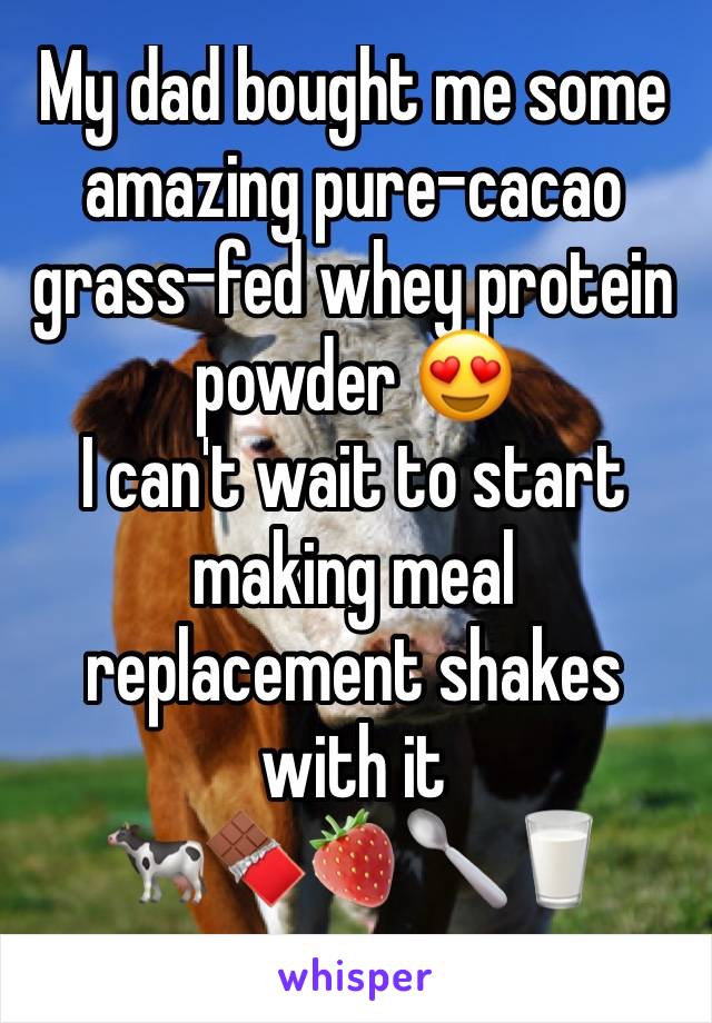 My dad bought me some amazing pure-cacao grass-fed whey protein powder 😍
I can't wait to start making meal replacement shakes with it 
🐄🍫🍓🥄🥛