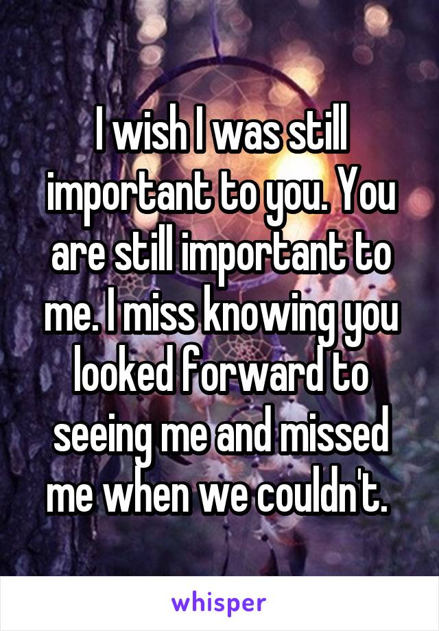 I wish I was still important to you. You are still important to me. I miss knowing you looked forward to seeing me and missed me when we couldn't. 