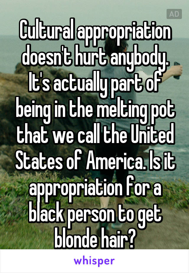 Cultural appropriation doesn't hurt anybody. It's actually part of being in the melting pot that we call the United States of America. Is it appropriation for a black person to get blonde hair?