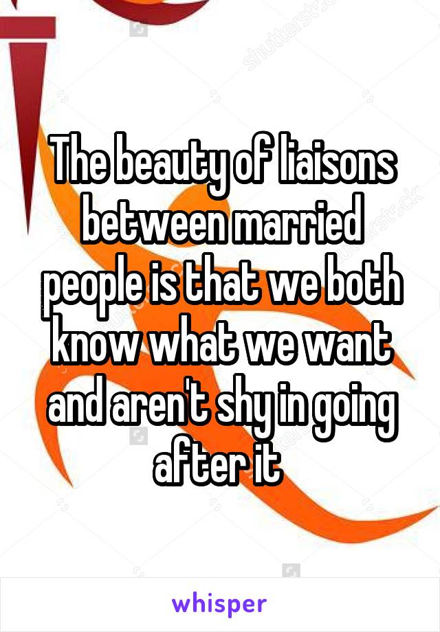 The beauty of liaisons between married people is that we both know what we want and aren't shy in going after it 