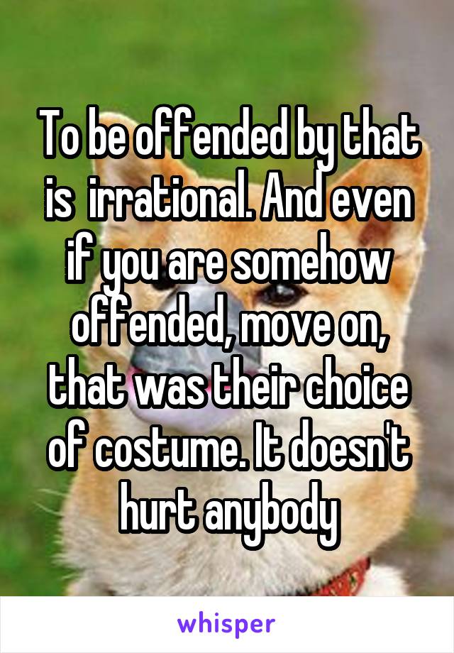 To be offended by that is  irrational. And even if you are somehow offended, move on, that was their choice of costume. It doesn't hurt anybody