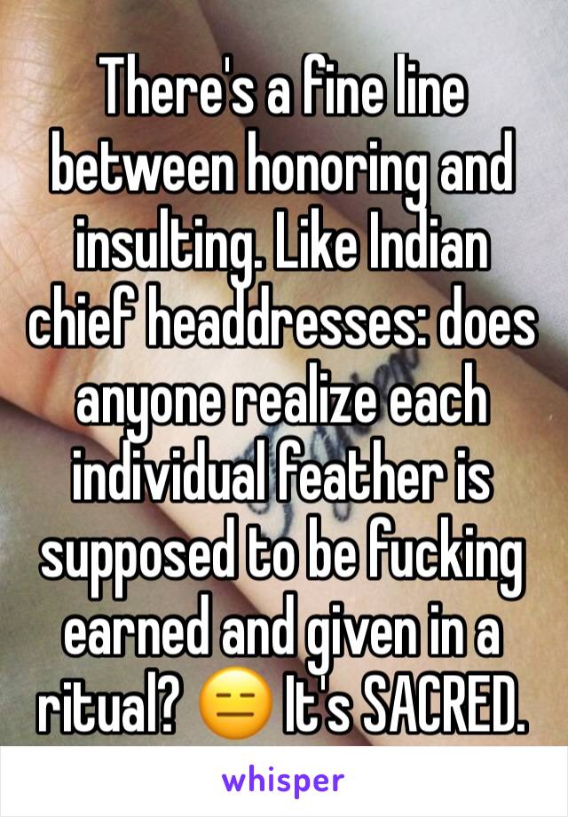 There's a fine line between honoring and insulting. Like Indian chief headdresses: does anyone realize each individual feather is supposed to be fucking earned and given in a ritual? 😑 It's SACRED.