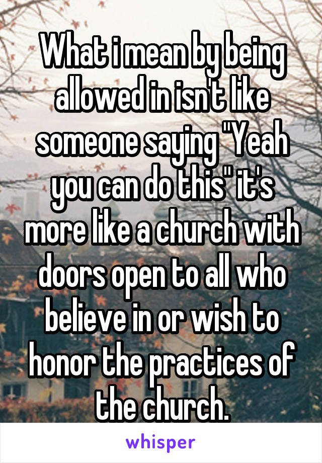 What i mean by being allowed in isn't like someone saying "Yeah you can do this" it's more like a church with doors open to all who believe in or wish to honor the practices of the church.