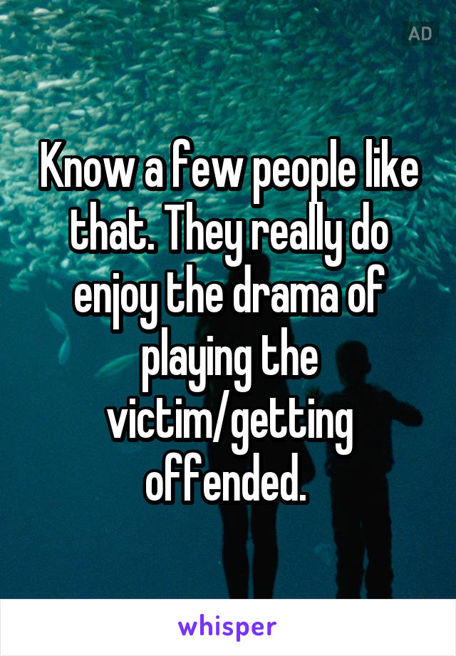 Know a few people like that. They really do enjoy the drama of playing the victim/getting offended. 