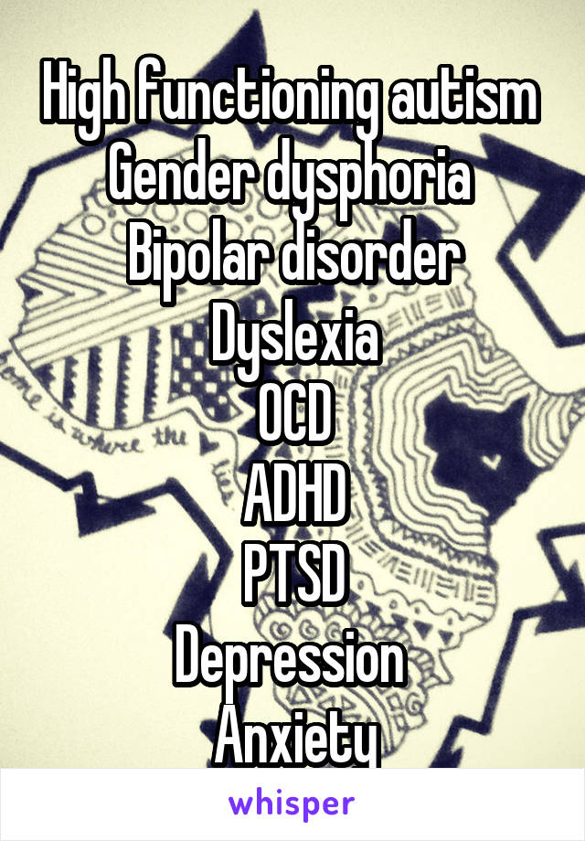 High functioning autism 
Gender dysphoria 
Bipolar disorder
Dyslexia
OCD
ADHD
PTSD
Depression 
Anxiety