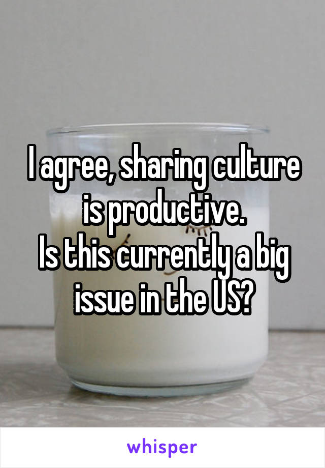 I agree, sharing culture is productive.
Is this currently a big issue in the US?