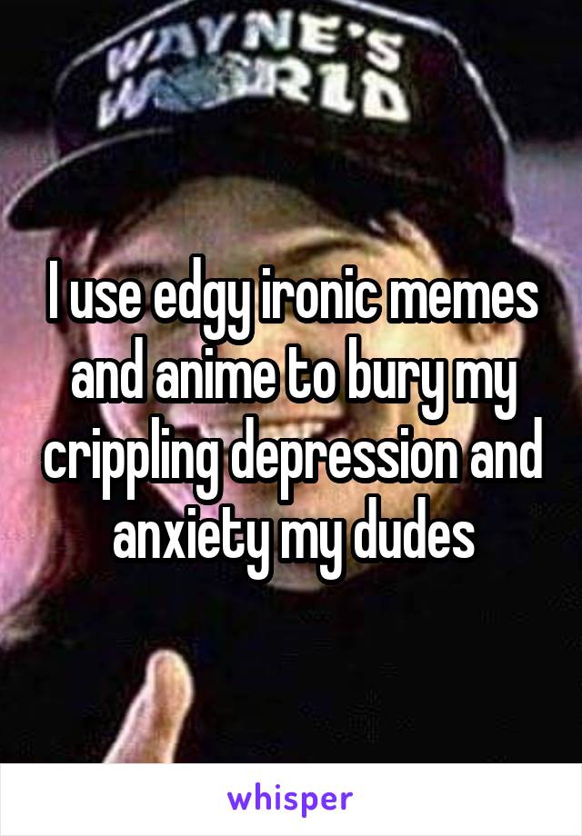 I use edgy ironic memes and anime to bury my crippling depression and anxiety my dudes